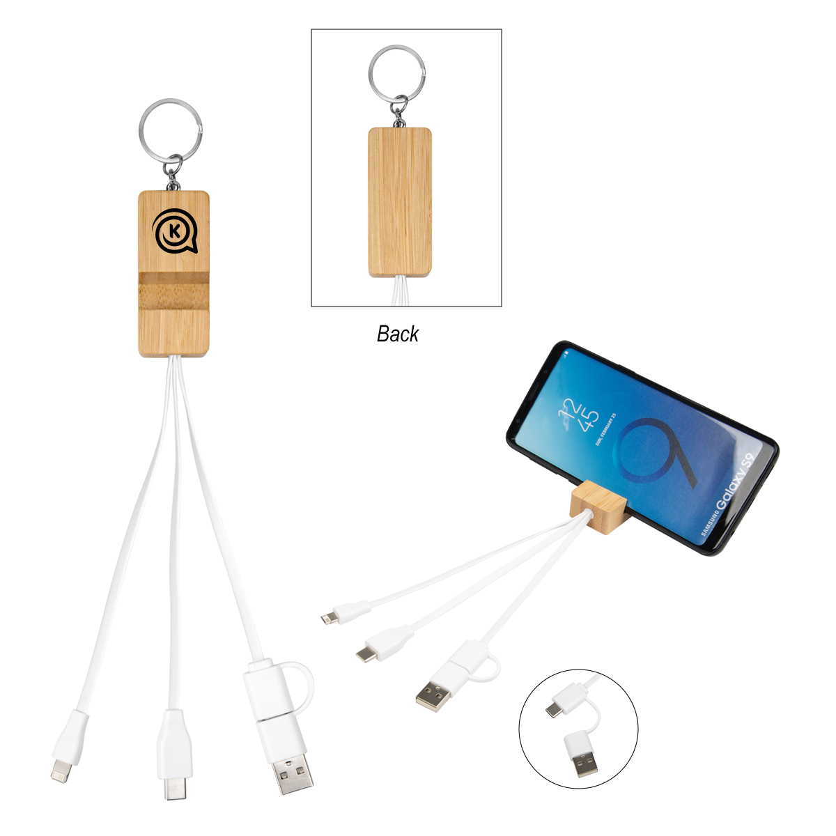 #26444 BAMBOO PHONE HOLDER KEYRING WITH CHARGING CABLES